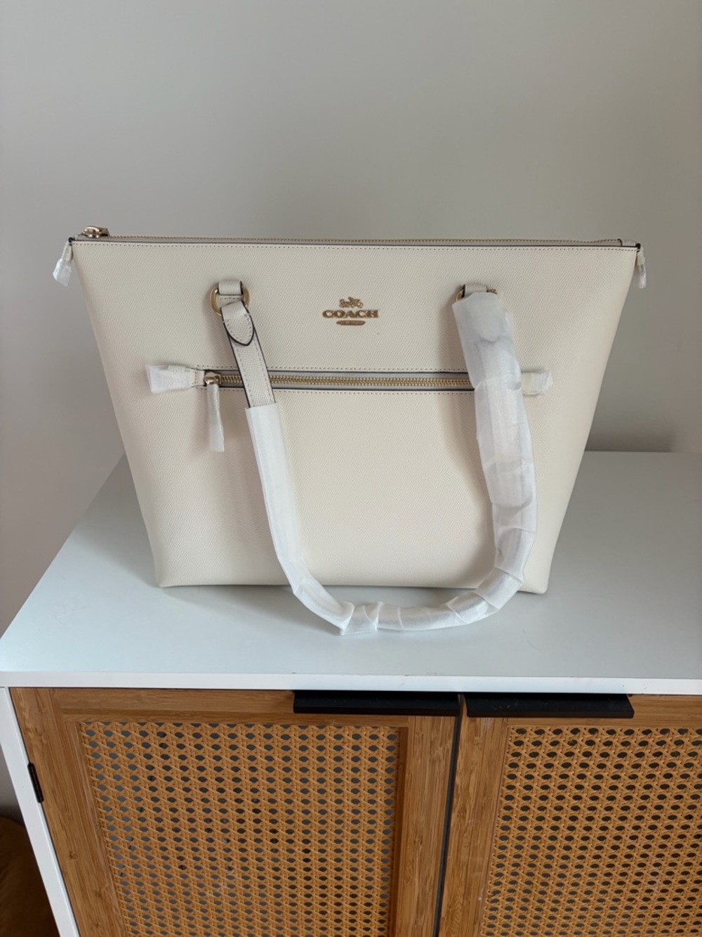 Coach Cream Pebbled Leather Tote with Gold Hardware